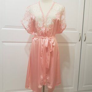 80s Vintage VTG Retro  Short Robe Nylon Peach Lace Cream large rococo